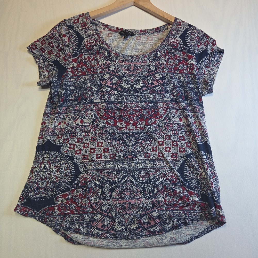 Lucky Brand Women's Large Boho Paisley Print Short Sleeve Knit Top 100% Cotton